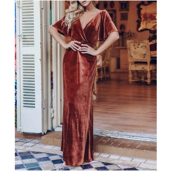 rust Brown Velvet Off Shoulder formal party evening wedding prom Luxe dress - Picture 2 of 14